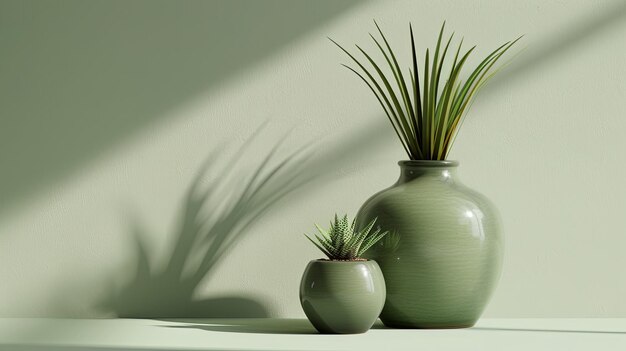 Photo two green ceramic pots with plants on a green surface with sunlight