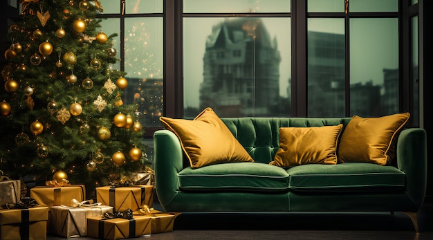 Two Green Couches Presents and a Christmas Tree