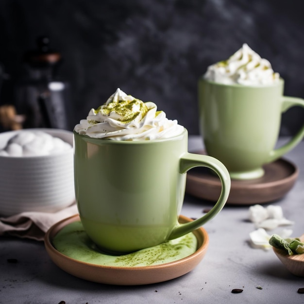 Two green cups of hot chocolate with whipped cream and a cup of coffee on a table.