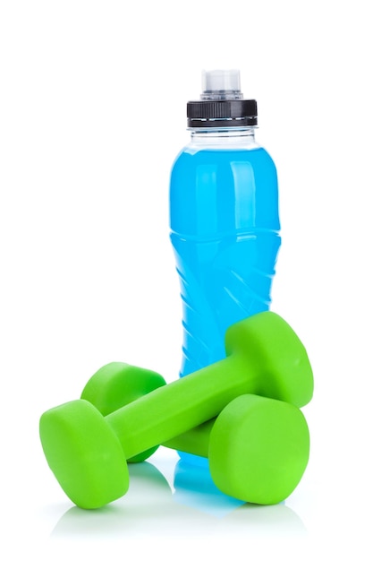 Two green dumbells and water bottle