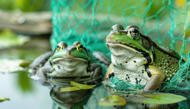 Photo two green frogs resting in a pond on a summer day