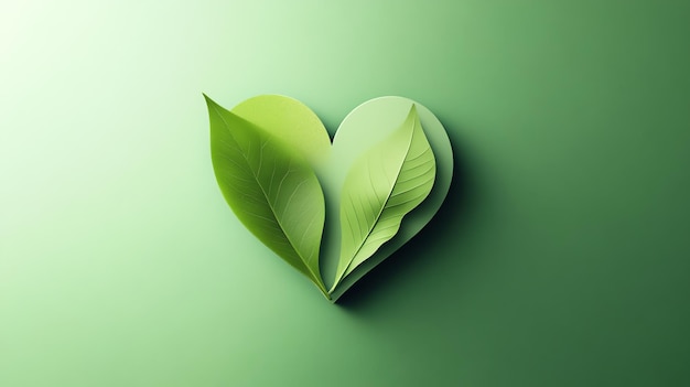 Photo two green leaves forming a heart shape on a green background