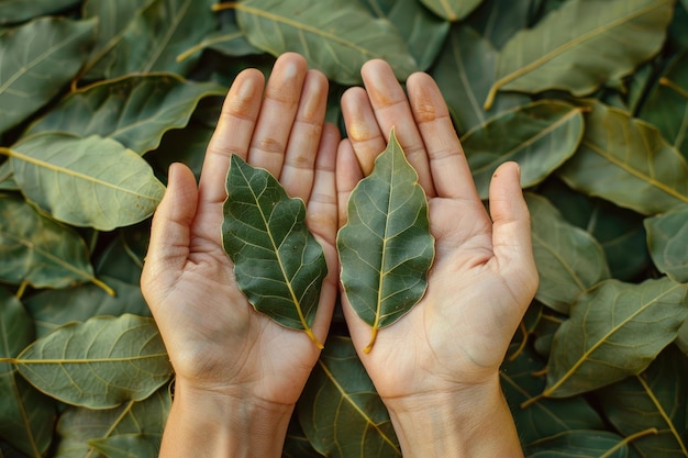 Photo two green leaves held in cupped hands against a background of many more