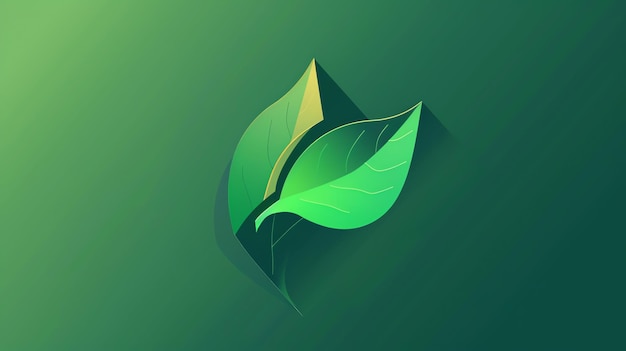 Two green leaves with a gradient design are overlapping each other with a shadow on a green background