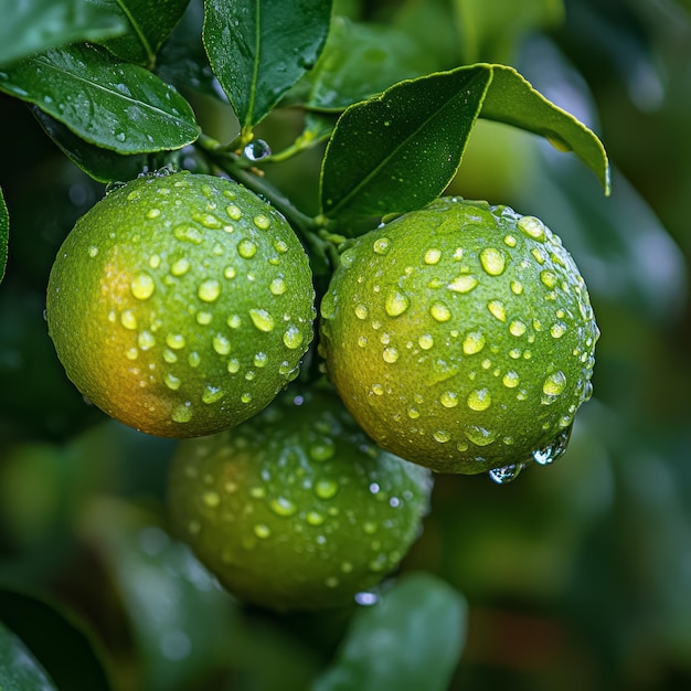 Photo two green limes on a branch with water droplets