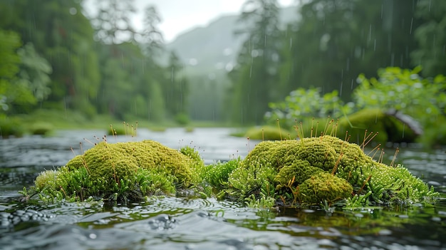 Photo two green mosses are floating on the surface of a river