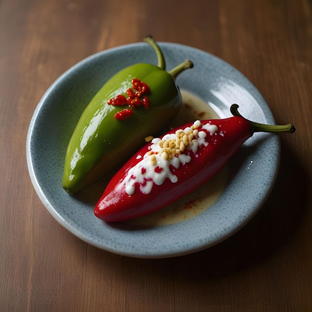 two green peppers on a plate with one that has the word chili on it