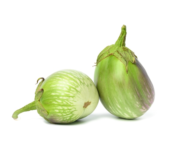 Two green ripe eggplants isolated on white background, healthy and tasty vegetable