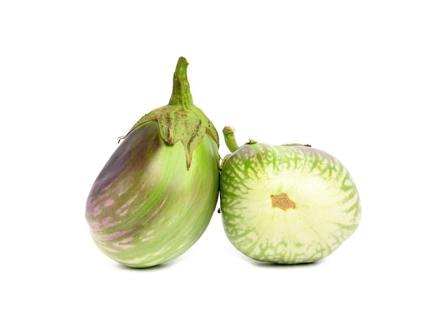 Two green ripe eggplants isolated on white background, healthy and tasty vegetable