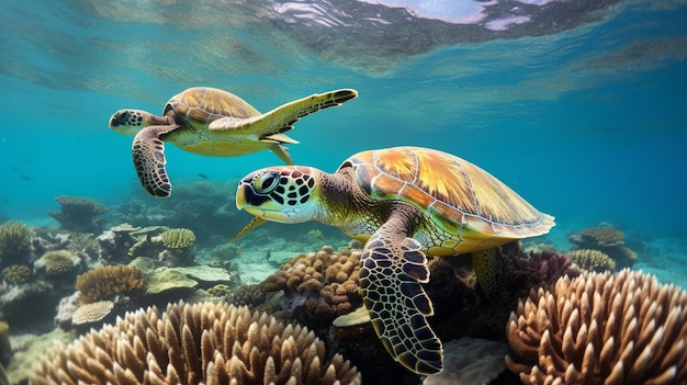 Two green sea turtles gracefully swimming over a vibrant coral reef