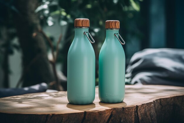 Two green water bottles on a tree stump, one of which is a bottle with a wooden cap.