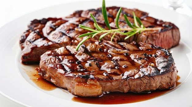 Two Grilled Beef Steak with Rosemary on White Plate