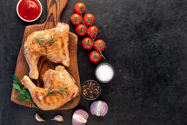 two grilled chicken legs with spices and herbs on a stone background
