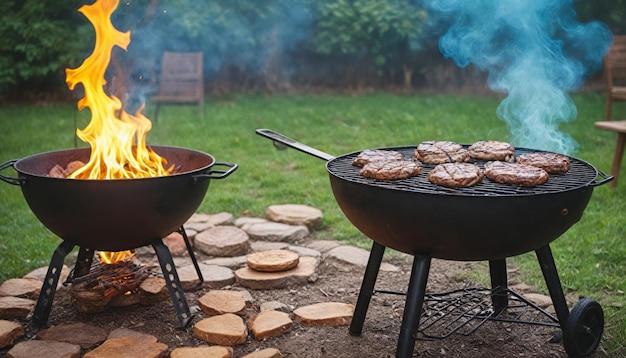 Two grills with burgers on them one with a fire and the other with smoke