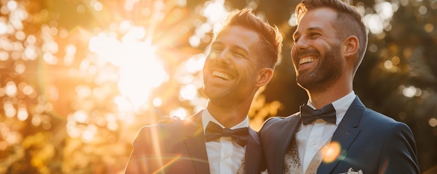 Two grooms are sharing a laugh on their wedding day in their tuxedos