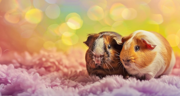 Photo two guinea pigs sitting on pink fluffy carpet with colorful lights in background