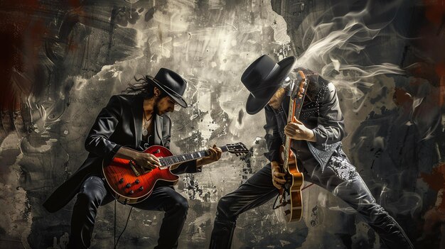 Photo two guitarists playing in front of a grunge background