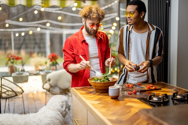 Two guys cooking healthy together at home