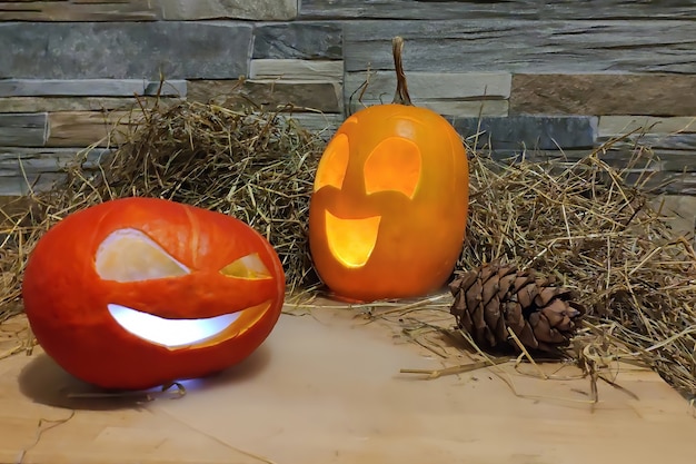 Two halloween jack o lanterns yellow and red with smoke on foreground on a hay and brick wall