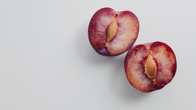 Photo two halves of a ripe red plum sliced to expose the pit rest on a plain white surface