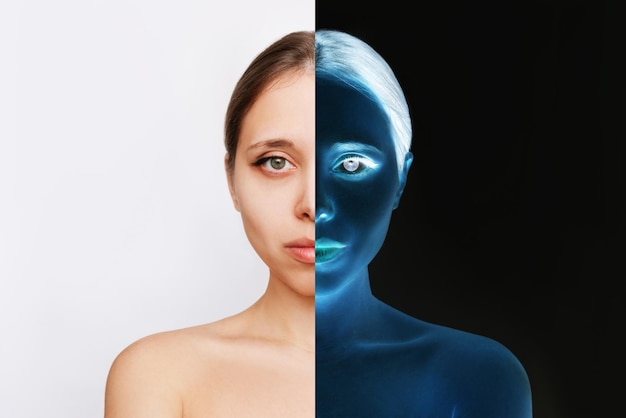 Two halves of young woman with normal overlay and inversion with blue tint. Black and white