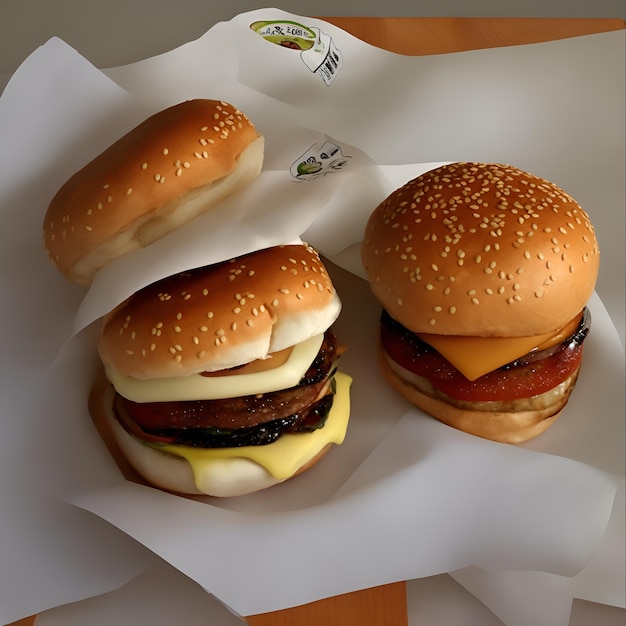 Two hamburgers are on a table with a paper that says " the word " on it ".