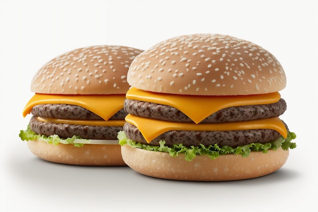 Two hamburgers are on a white background with the word cheese on them