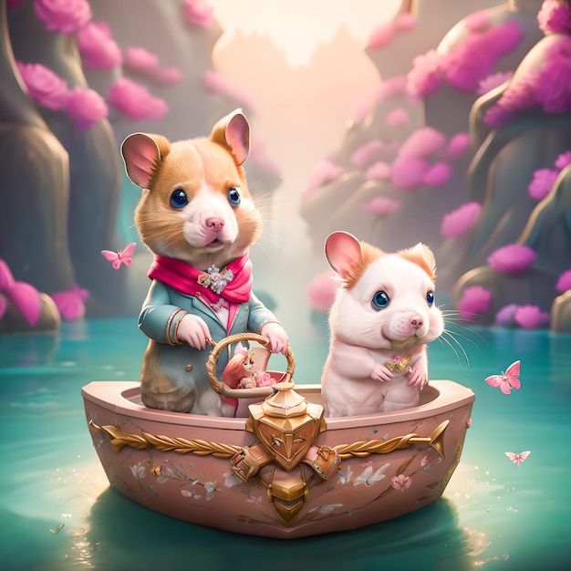 Two hamster boy and girl are sitting boat