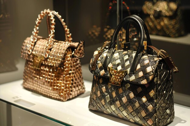 Photo two handbags with gold and black designs are displayed on a shelf