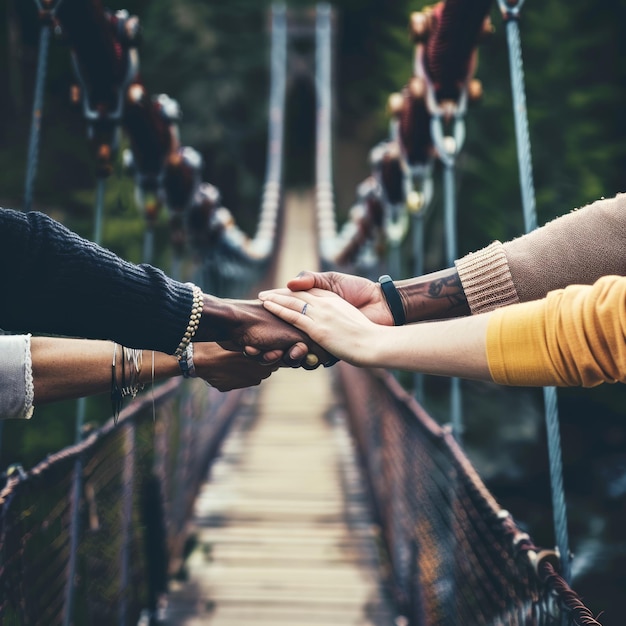 Photo two hands clasp on a rope bridge symbolizing unity and support