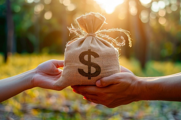 Two hands exchange a burlap money bag with a dollar sign symbolizing financial transactions against a backdrop of golden sunlight and natural greenery