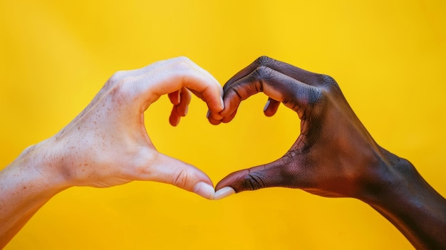 Two hands forming a heart shape on yellow background symbolizing love and unity