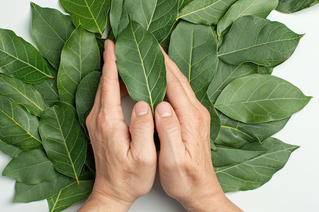 Photo two hands gently cupping green leaves natures embrace