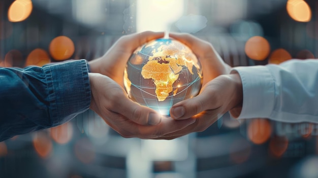 Two hands gently hold a glowing globe symbolizing unity environmental