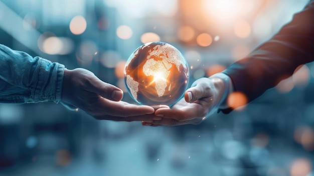 Two hands gently hold a glowing globe symbolizing unity environmental