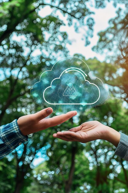 Photo two hands gently holding a glowing cloud icon with arrows against a lush green forest backdrop