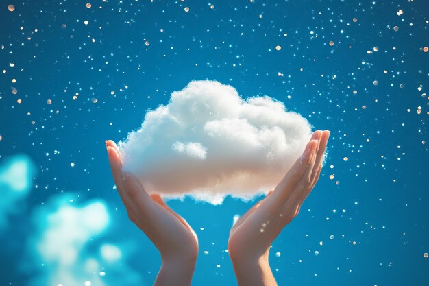 Photo two hands grasping a soft white cloud against a bright blue backdrop symbolizing cloud computing