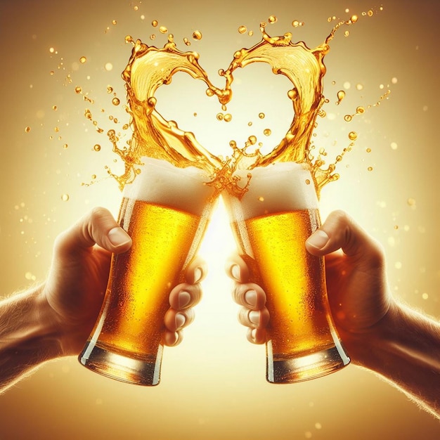 two hands holding beer glasses with heart shaped like a heart