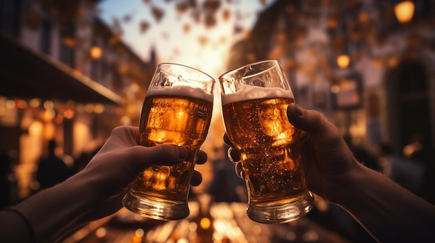 Two hands holding beer mugs and toasting