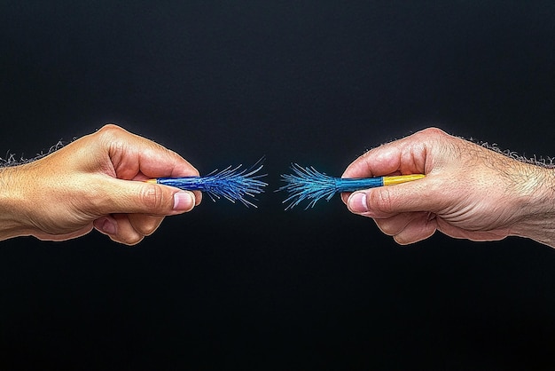 Photo two hands holding blue wire