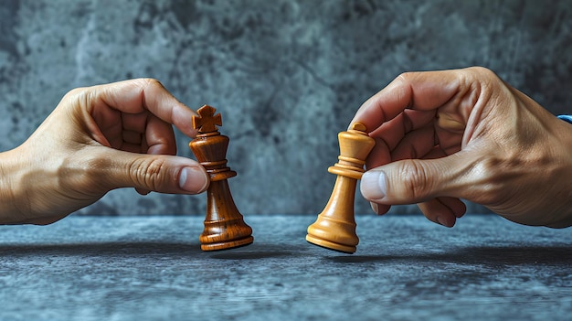 Photo two hands holding chess pieces strategy game concept king and queen on textured background creative conceptual photography perfect for strategic thinking visuals ai