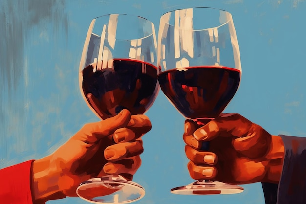 two hands holding glasses of wine that collide in a toast artistic illustration AI generation