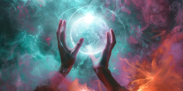 Photo two hands holding glowing orb in surreal ethereal and mystical background concept of magic power energy spirituality and the supernatural