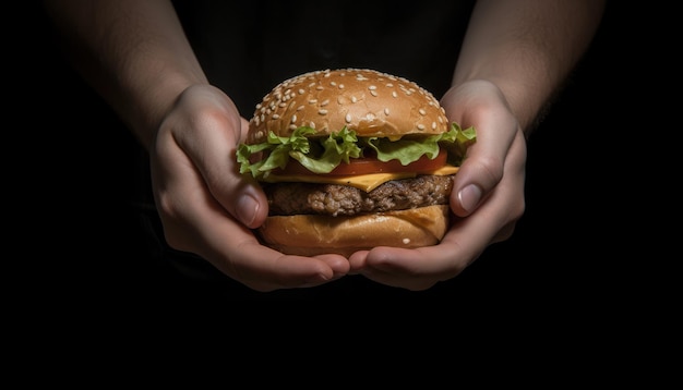 Two hands holding an hamburger