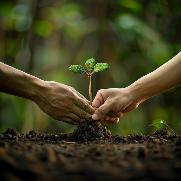 two hands holding hands with a small tree growing in the ground