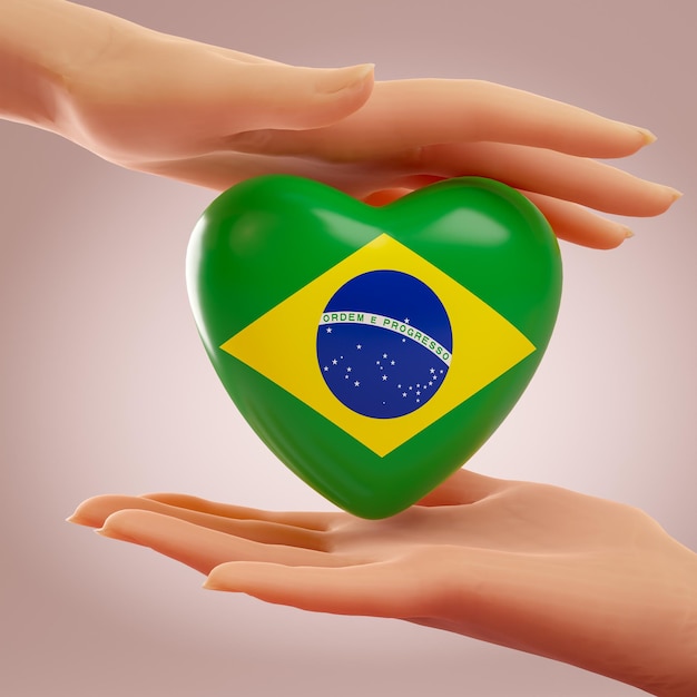 Two hands holding heart with flag of Brazil Concept of love freedom independence and country support 3D rendering