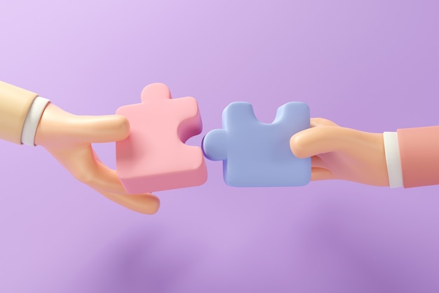 Two hands holding jigsaw with teamwork