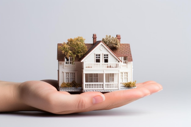 Two hands holding little house on a white background