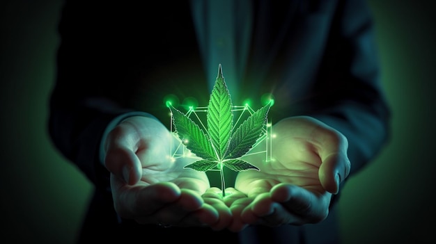 Two hands holding a marijuana leaf with the word hemp on it