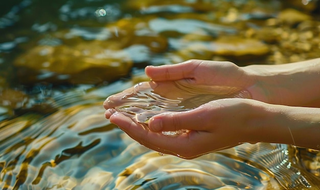 Photo two hands holding a piece of glass with gold leaves in the water